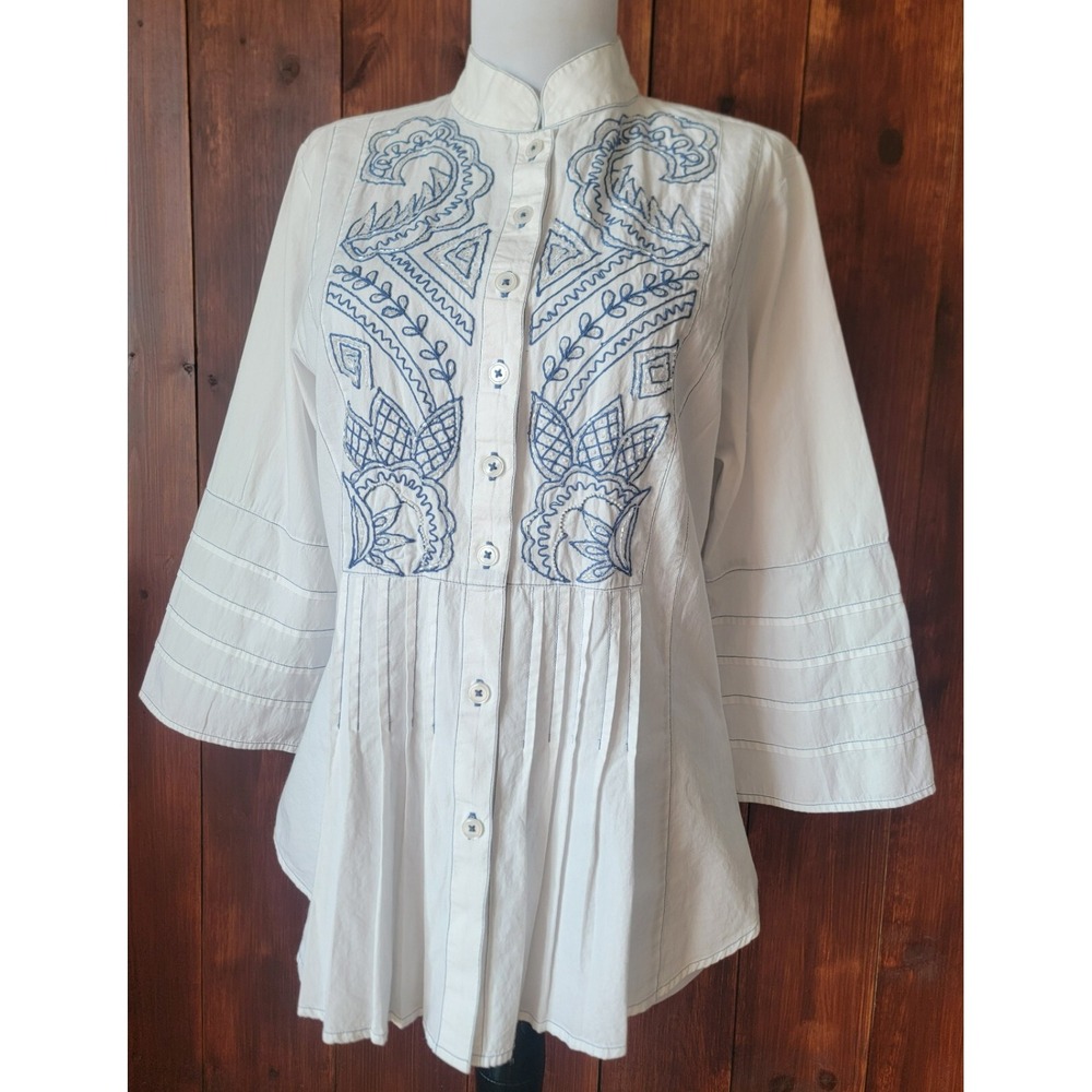 White Cottagecore Coastal Beaded Cotton Blouse Women Small Embroidered Tunic